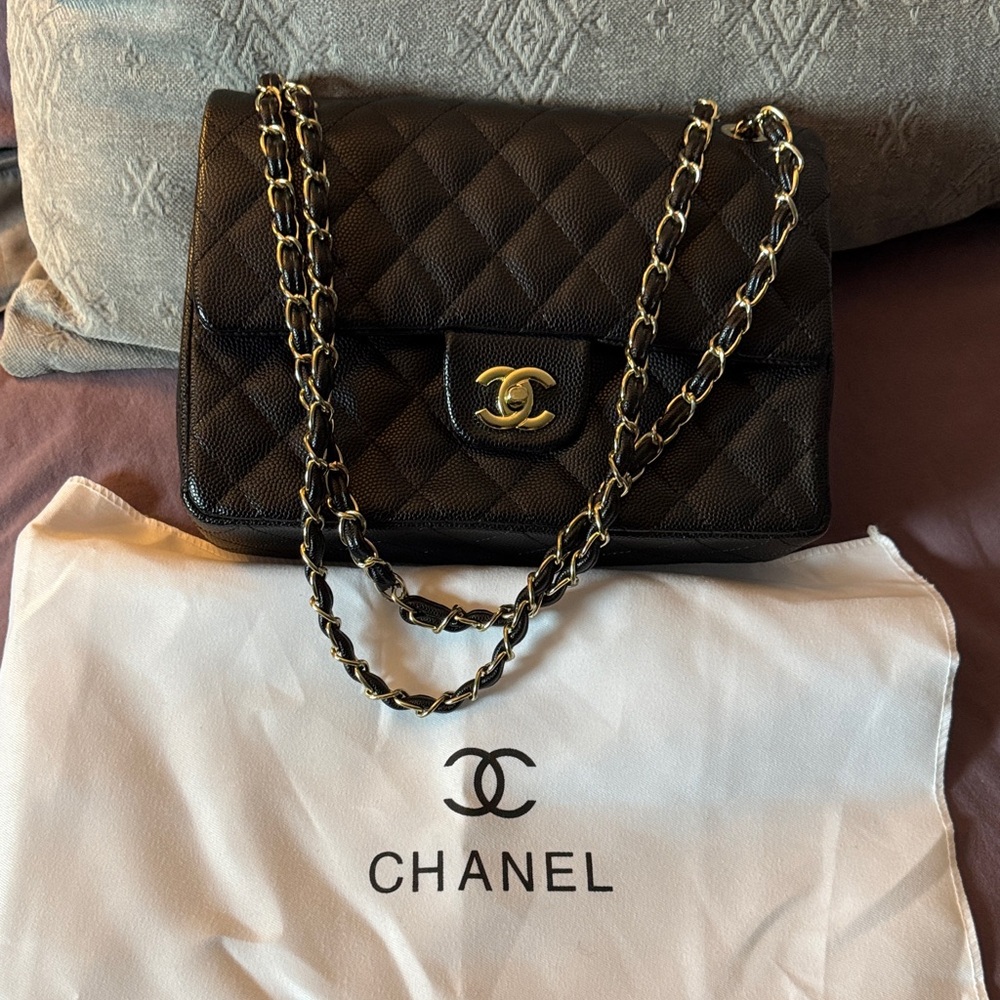 Designer inspired  Black Quilted Shoulder Bag with Gold Chain